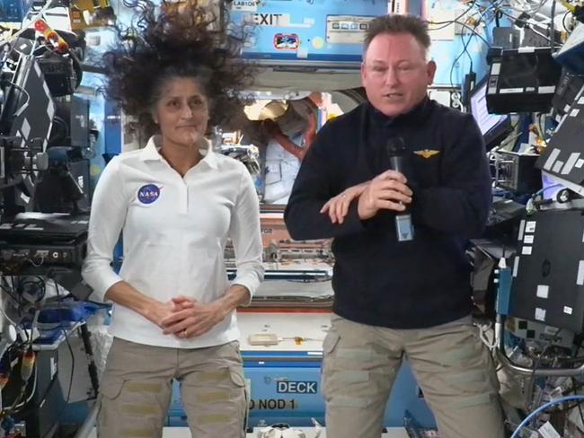 Williams and Wilmore T hold a news conference from the International Space Station (ISS) on September 13, 2024. Picture: AFP PHOTO / NASA TV