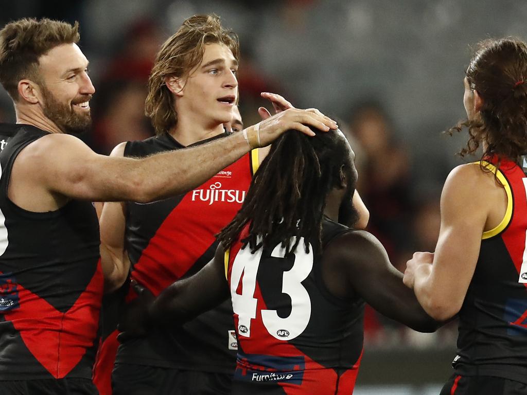 The Bombers pushed Melbourne until the final siren sounded. (Photo by Darrian Traynor/AFL Photos/via Getty Images )