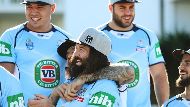 Aaron Woods and the NSW players wear the RLPA caps. Photo: Brett Costello