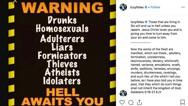 Screen shot of the controversial anti-gay Instagram post made by Israel Folau