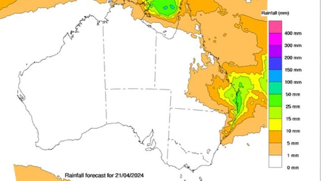 Bureau of Meteorology forecast rainfall for 21 April 2024. Picture: Bureau of Meteorology.