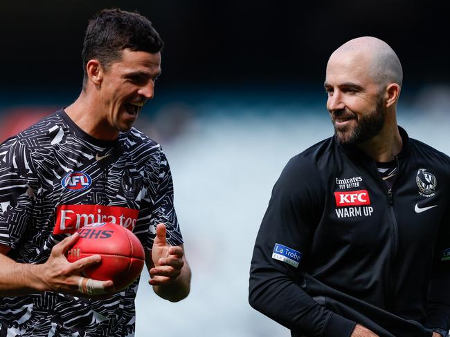 MELBOURNE, AUSTRALIA - APRIL 20: Scott Pendlebury and Steele Sidebottom of the Magpies are seen before the 2024 AFL Round 06 match between the Collingwood Magpies and the Port Adelaide Power at the Melbourne Cricket Ground on April 20, 2024 in Melbourne, Australia. (Photo by Dylan Burns/AFL Photos via Getty Images)