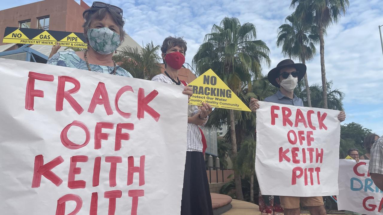 Anti-fracking protesters gathered outside the Double Tree Hilton, Darwin as Resources Minister Keith Pitt announced an exploration grant agreement giving $19.4m to Imperial Oil and Gas on Tuesday, February 22.