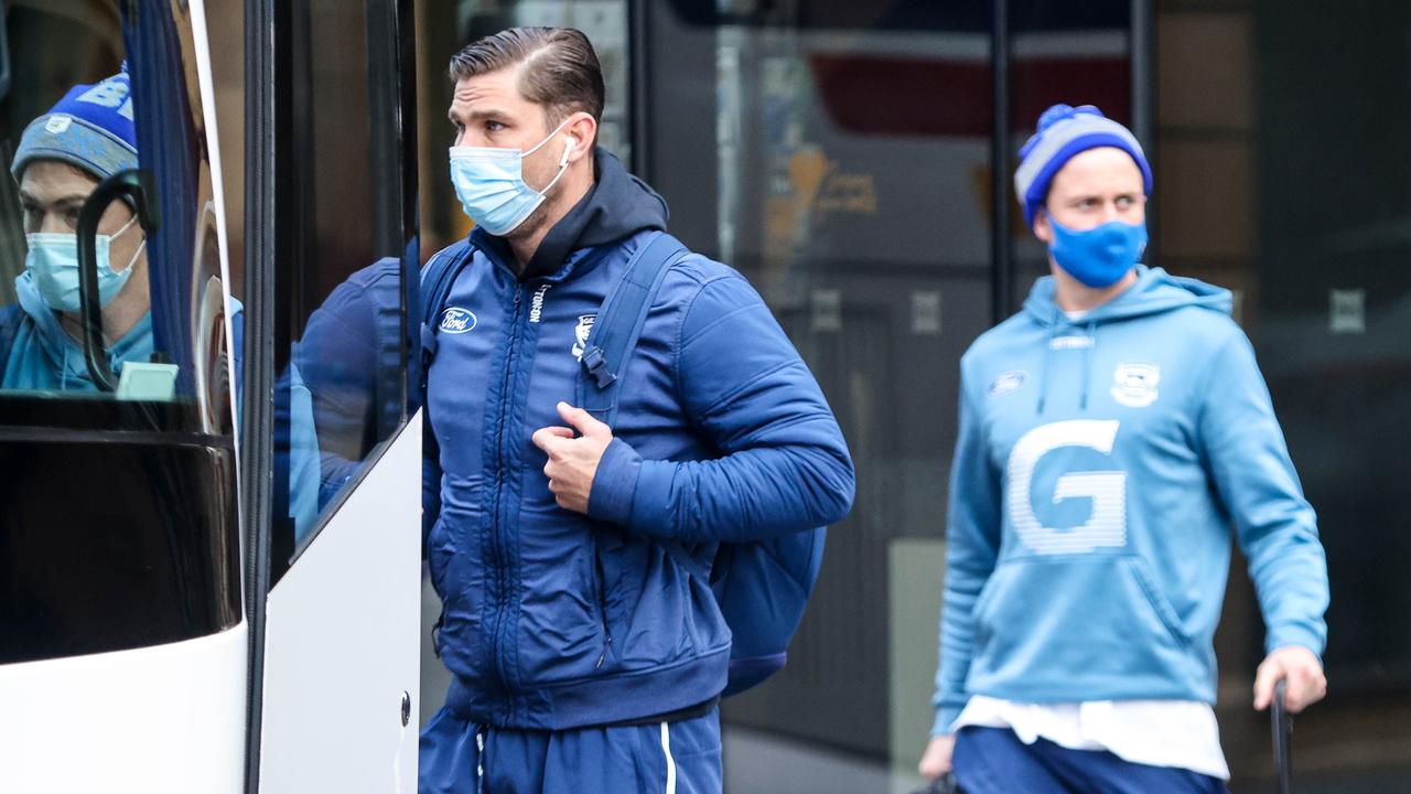 Geelong players stuck in Adelaide after their plane was fogged in. Picture: Russell Millard