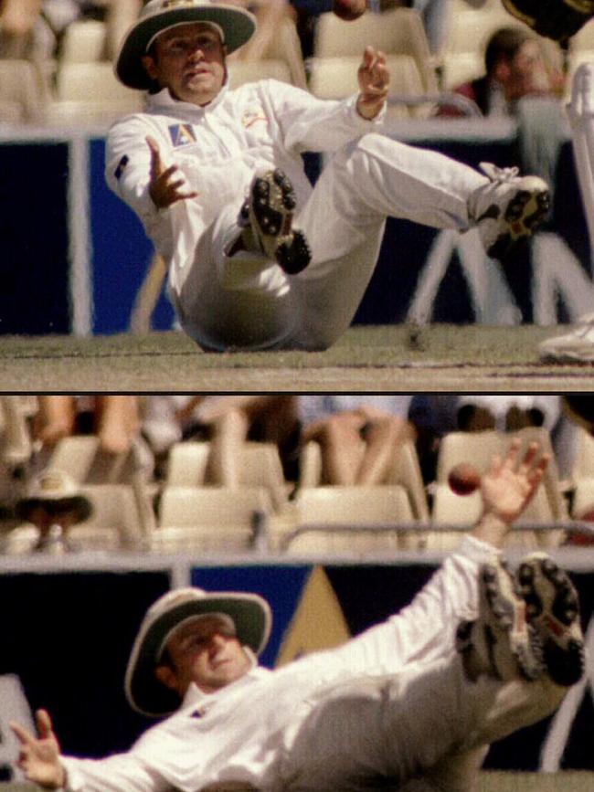 Mark Taylor drops the ball, kicks it up and takes the difficult catch to dismiss Carl Hooper for 57 at the SCG on December 3, 1996.