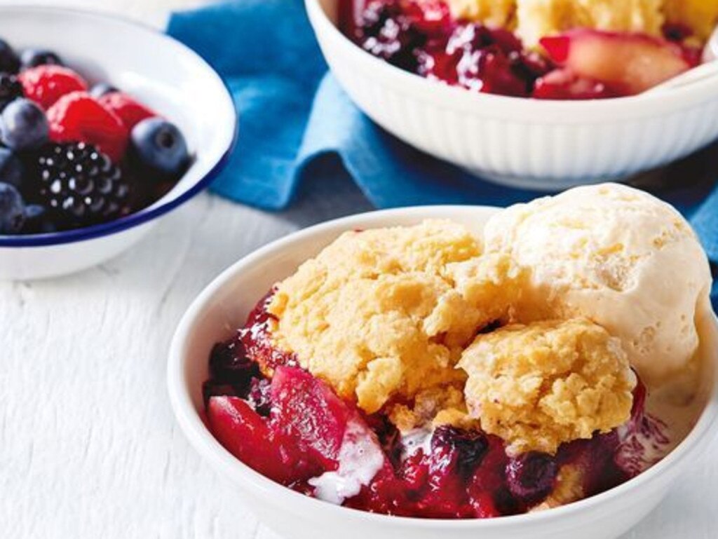 Pear, berry and white chocolate cobbler made in the slow cooker.