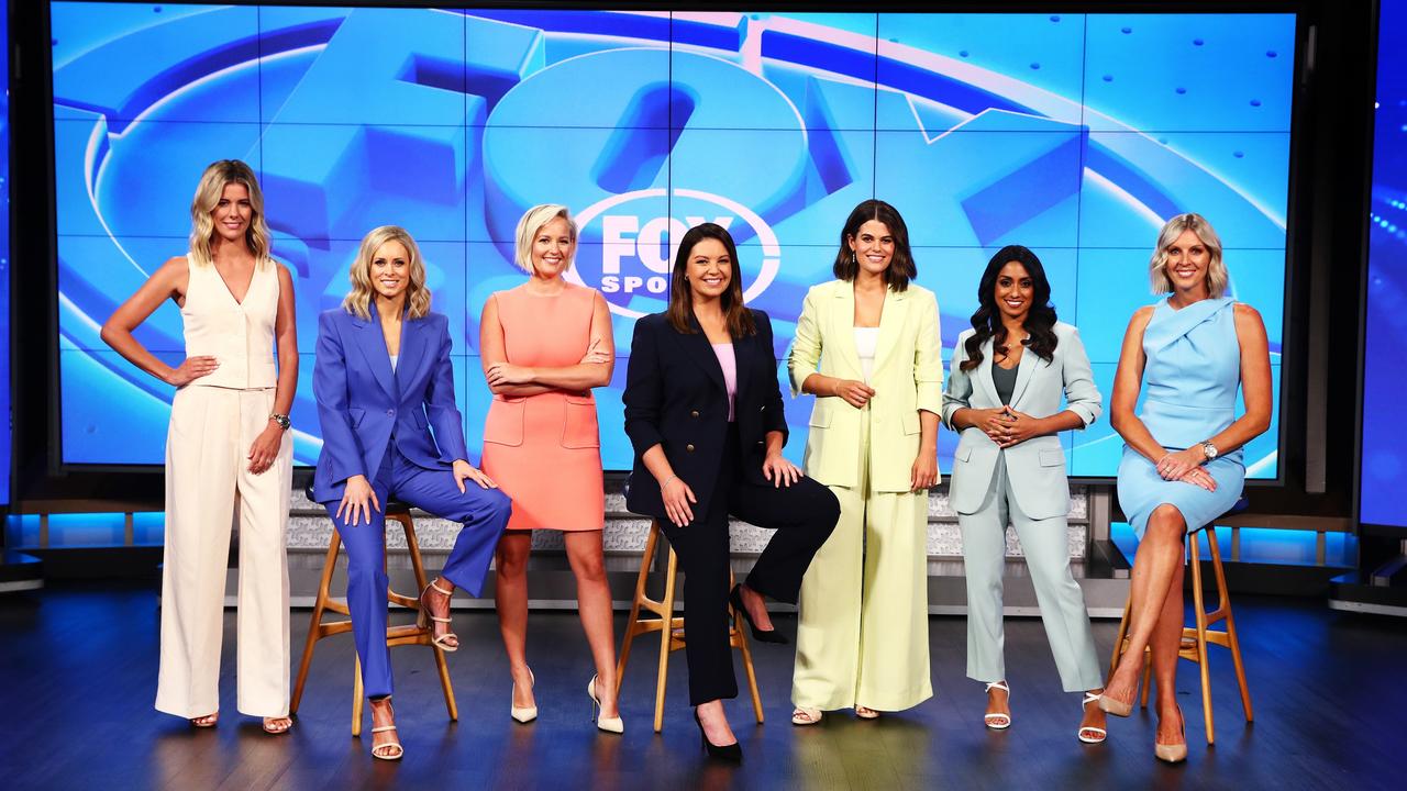 Caption 1 (L-R) Fox Sports on-air talent Lara Pitt, Megan Barnard, Jessica Yates, Yvonne Sampson, Hannah Hollis, Isa Guha, Cath Cox. Photo: Brett Costello photography