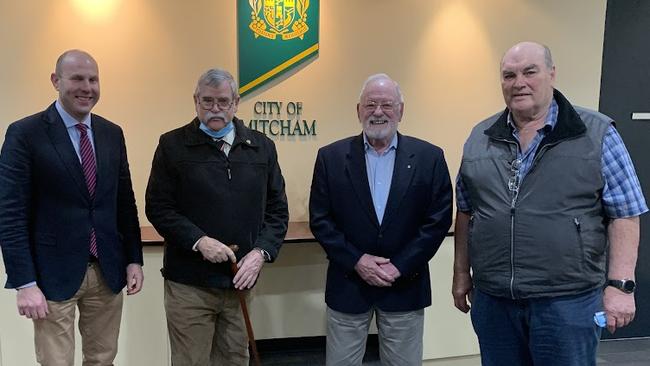Blackwood RSL members Bob Killoran, Tony Mogridge and Phil Cotton voiced their opposition to flying the Aboriginal flag permanently during Tuesday night’s Mitcham Council meeting. Pictured here with Sam Duluk MP. Picture: Lydia Kellner