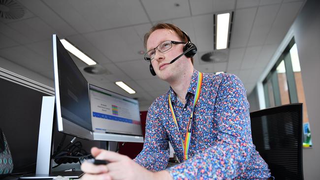 Matt Morris, one the councillors at SA Covid-19 Mental Health Support Line located in the city. Picture Mark Brake