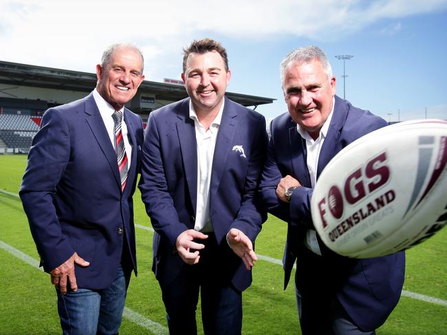 L to R,  Bob Jones the Chairman of the RDRLFC, Terry Reader the NRL Bid director, Tony Murphy the CEO of the Dolphins Group, NRL has confirmed the Queensland based Dolphins will become the 2023 NRL season, Redcliffe, Wednesday 13th October 2021 - Photo Steve Pohlner , NRL has confirmed the Queensland-based Dolphins will become the 2023 NRL season, Redcliffe, Wednesday 13th October 2021 - Photo Steve Pohlner