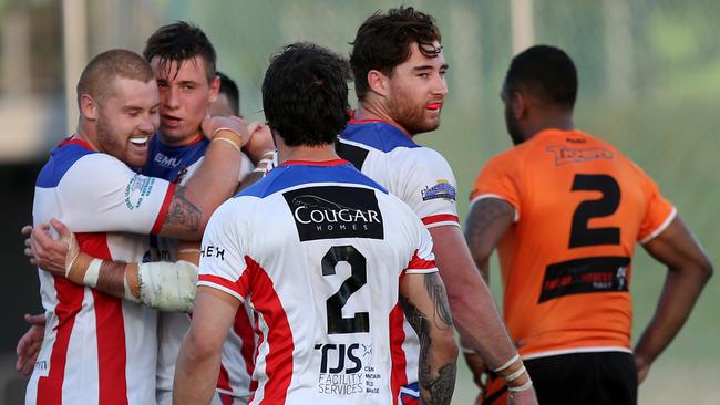 2016 CDRL minor semi-final. Ivanhoes vs Tully. Ivanhoes' Regan Verney, Wyatt Barnes, Brad Quodling and Jared Verney celebrate the last try by Wyatt Barnes to win the game. PICTURE: STEWART McLEAN