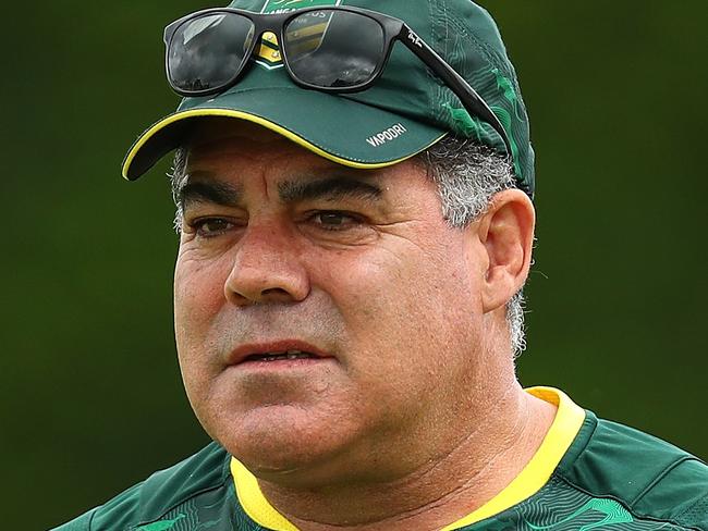 BRISBANE, AUSTRALIA - NOVEMBER 21:  Coach Mal Meninga looks on during an Australian Kangaroos Rugby League World Cup training session at Langlands Park on November 21, 2017 in Brisbane, Australia.  (Photo by Chris Hyde/Getty Images)