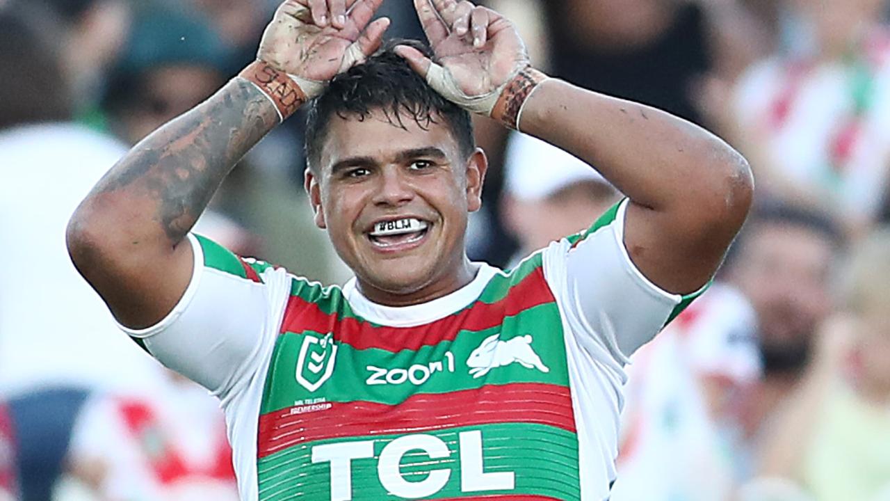 Latrell Mitchell of the Rabbitohs celebrates scoring a try during the Charity Shield.