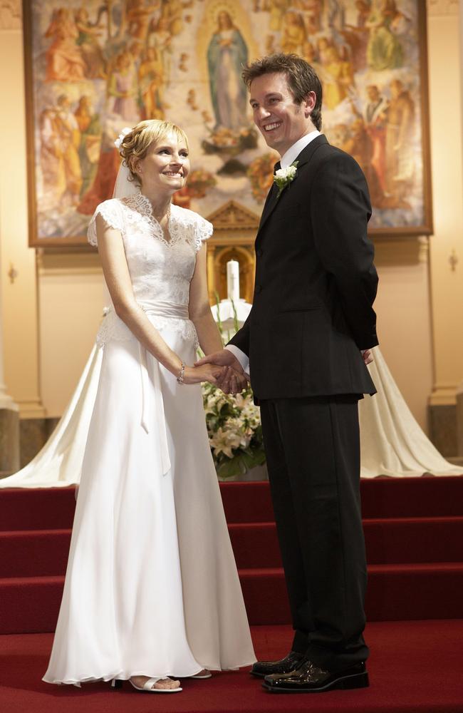 Rove and Belinda Emmett during their wedding ceremony, January 2005. Picture: David Anderson