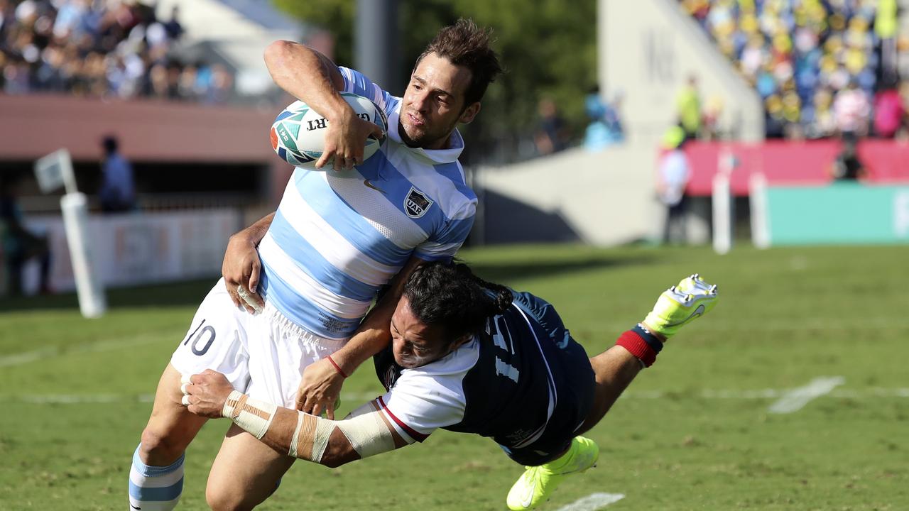 Argentina’s Nicolas Sanchez runs to score a try at Kumagaya Rugby Stadium.
