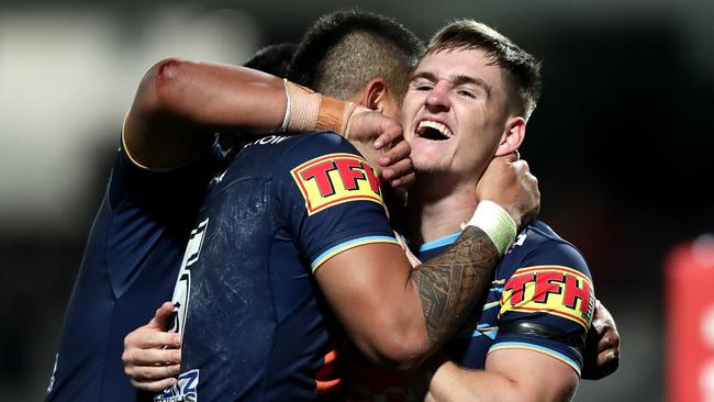 SYDNEY, AUSTRALIA - AUGUST 28: Alexander Brimson of the Titans celebrates after winning the round 16 NRL match between the St George Illawarra Dragons and the Gold Coast Titans at Netstrata Jubilee Stadium on August 28, 2020 in Sydney, Australia. (Photo by Mark Metcalfe/Getty Images)