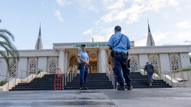 Police at the Masjid Al-Bayt Al-Islami, in Edmondson Park, after a recent threat. Picture: Thomas Lisson