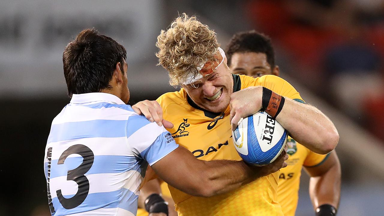 Matt Philip of the Wallabies is tackled against the Pumas. Picture; Getty Images