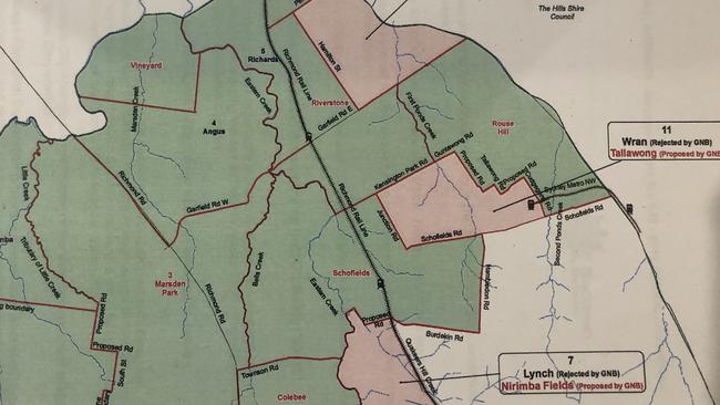 The proposed revised suburb names, including Grantham Fields, Tallawong and Nirimba Fields, depicted in red.