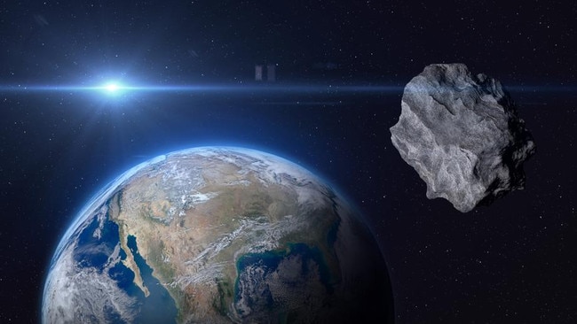 Planet Earth and big asteroid in the space. Concept a potentially hazardous object (PHO). Potentially hazardous asteroids (PHAs). Asteroid in outer space near Earth planet. Stony-iron meteorite is solar system. Elements of this image furnished by NASA. ______ Url(s): "https://www.nasa.gov/multimedia/imagegallery/image_feature_2159.html" Software: Adobe Photoshop CC 2015. Knoll light factory. Adobe After Effects CC 2017. 3ds Max 2016.