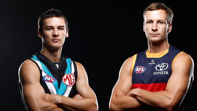 MELBOURNE, AUSTRALIA - FEBRUARY 24: Connor Rozee of the Power and Jordan Dawson of the Crows pose  during the 2025 AFL Captains Day at Marvel Stadium on February 24, 2025 in Melbourne, Australia. (Photo by Michael Willson/AFL Photos via Getty Images)