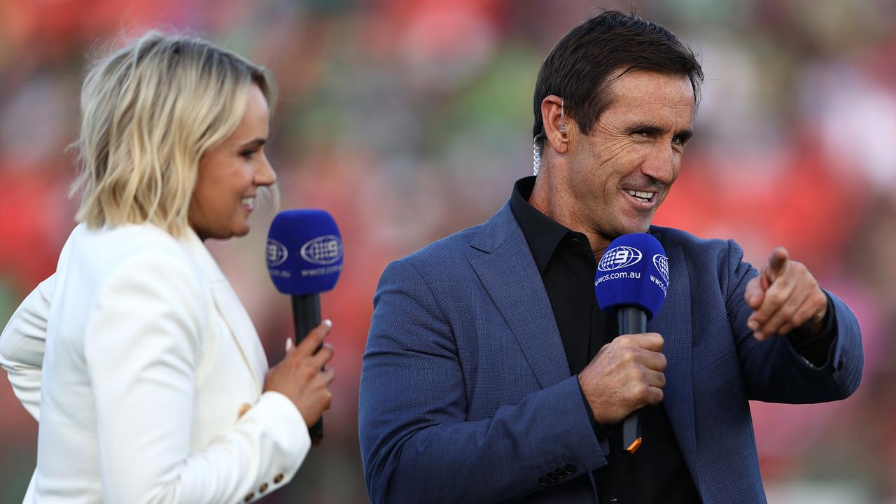 Channel Nine commentator and former player Andrew Johns and Emma Lawrence with Channel 9 in 2022. Photo by Matt Blyth/Getty Images.