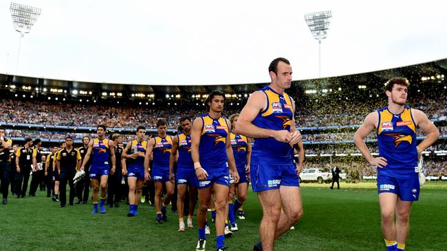 The Eagles left their game in Perth when they were beaten by Hawthorn in the 2015 Grand Final — not for the first or last time. Picture: Nicole Garmston