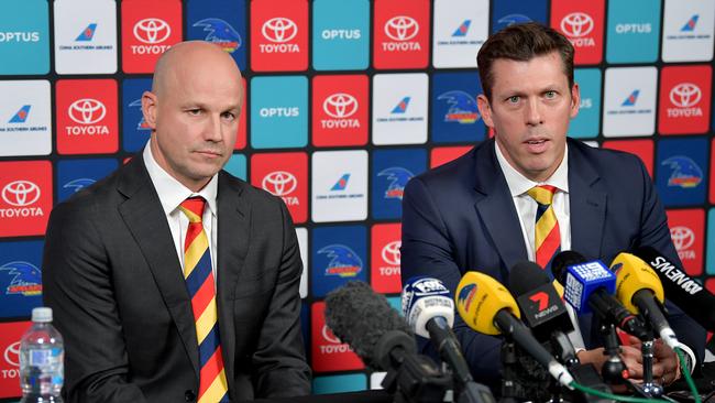 Adelaide coach Matthew Nicks speaks at first press conference as Adelaide Crows alongside CEO Andrew Fagan. Picture: Mark Brake/Getty Images.