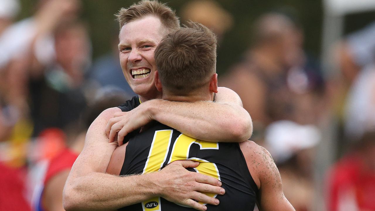 Jack Riewoldt celebrates after kicking a goal. Picture: Michael Klein