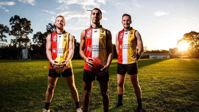 Players from division one Adelaide Footy League club Goodwood Saints Josh Slape, Benny Holzbauer and Lou Whitelock at Goodwood Oval. Clubs can train in groups of 10 from Monday, May 18. Picture: Matt Turner