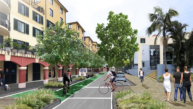 An artist’s impression of a greener, pedestrian friendly Leichhardt precinct on Balmain Rd.