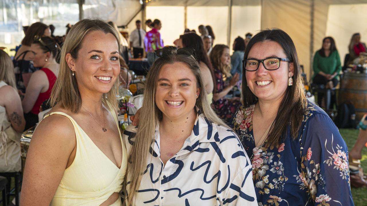 At the Sparkling Soiree Ladies Day are (from left) Shandell Doro, Dannielle Davis and Taylah Muggleton hosted by Willowburn Football Club, Saturday, August 3, 2024. Picture: Kevin Farmer