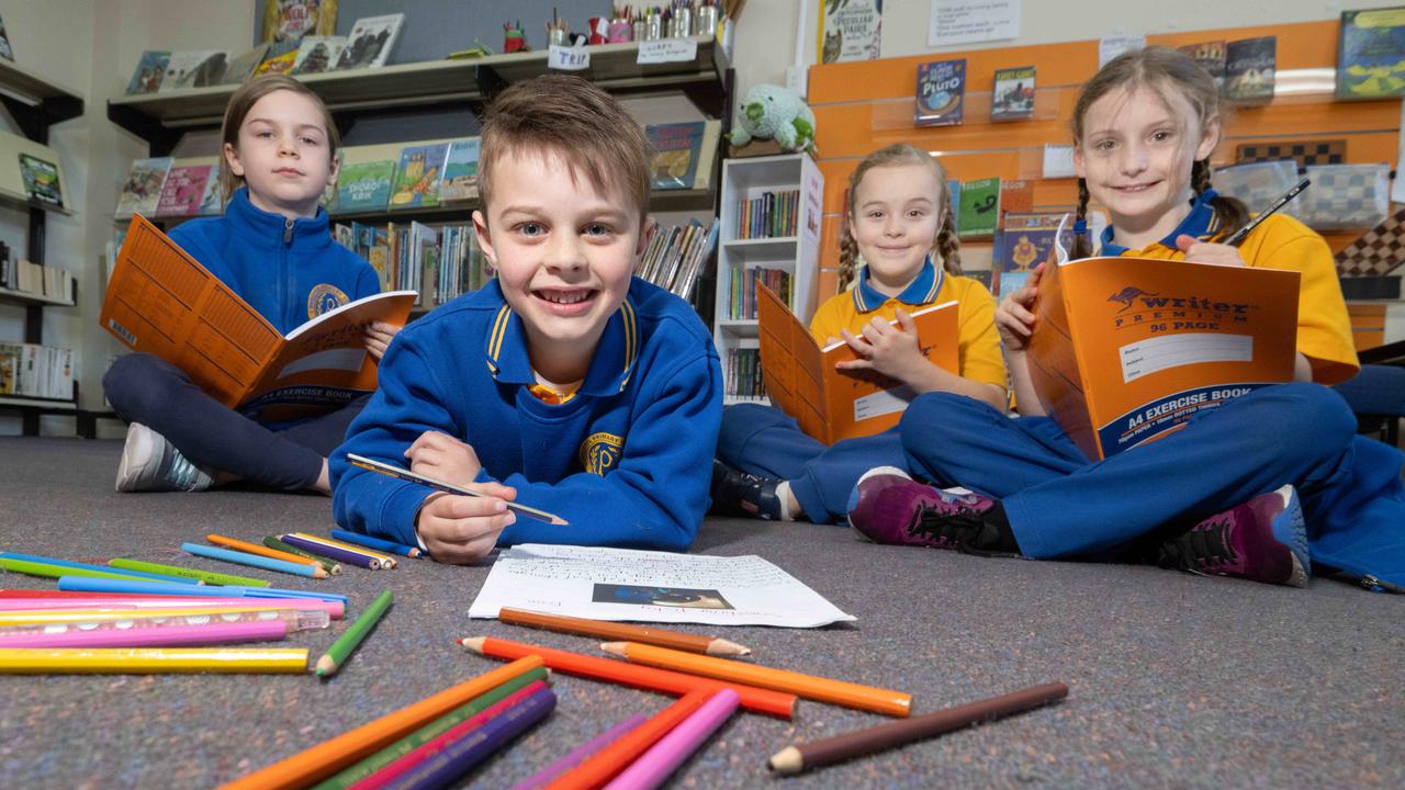 Preston Primary School students. Winner K-2 category, Finn Christou-Lloyd; Highly Commended student Adeline Seddon and Shortlisted students Gillian Goswell Ries and Rosie Madden. Picture: Tony Gough