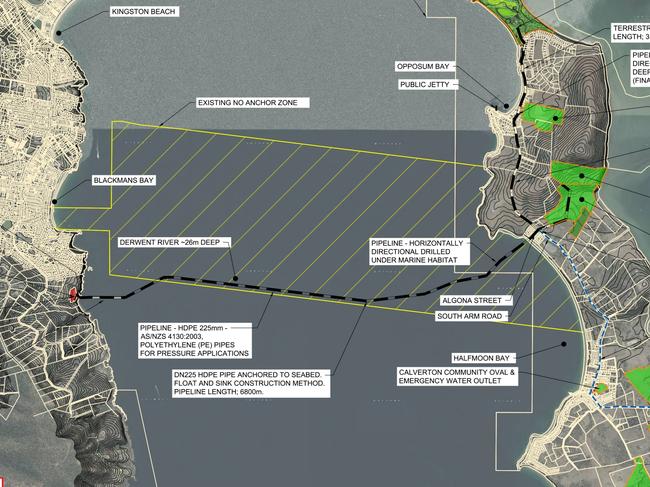 An image from the Blackmans Bay to South Arm recycled water pipeline development showing the pipe’s planned route across the Derwent River. Image: IPD consultants