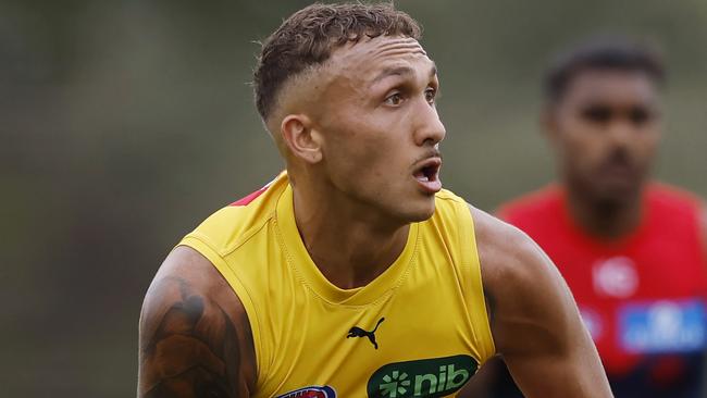 MELBOURNE , AUSTRALIA. February 18 , 2024. AFL. Melbourne vs Richmond practise match at Casey Fields. Richmonds Shai Bolton during the 1st qtr. . Pic: Michael Klein