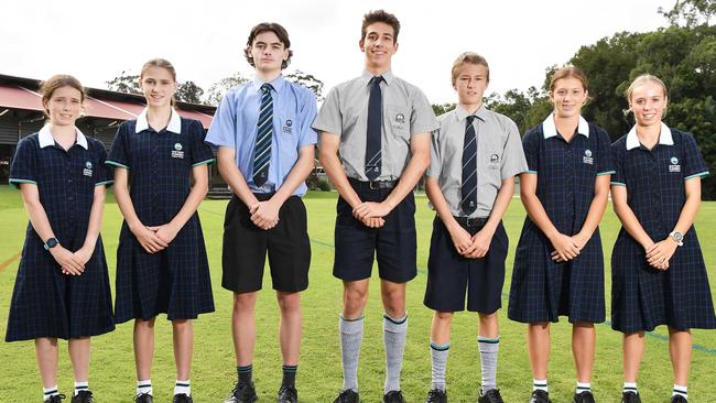 Sport star athletes at Matthew Flinders Anglican College. Track and field: Maya Mitchell, Sienna Carter, Oscar Nielsen, Josh Fabiani, Mack Hemming, Darcy Evans and Chloe Johnstone. Picture: Patrick Woods.