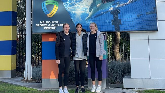 Twin sisters Sienna and Tamsyn Walo alongside youngster Macey Sheridan (middle) at the World Championship Trials in Melbourne. Picture: Supplied.