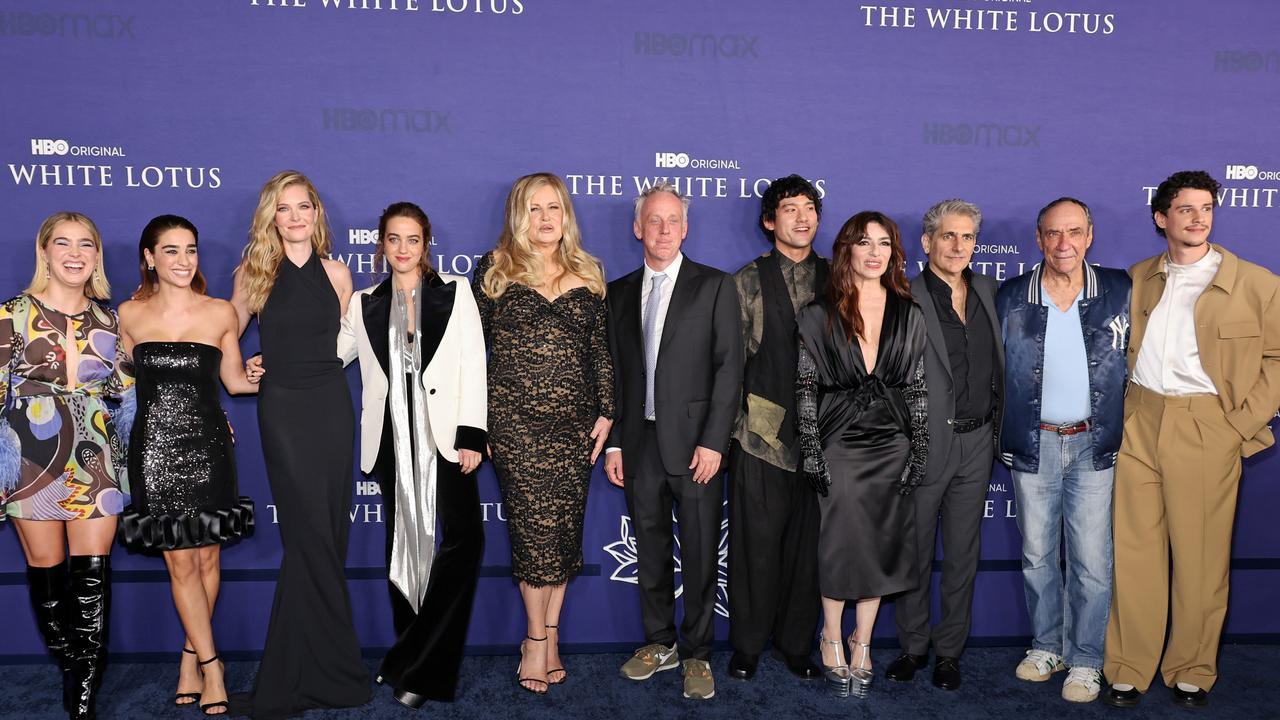 Haley Lu Richardson, Simona Tabasco, Meghann Fahy, Beatrice Granno, Jennifer Coolidge, Mike White, Will Sharpe, Sabrina Impacciatore, Michael Imperioli, F. Murray Abraham, and Adam DiMarco at the Season 2 Premiere of The White Lotus in Los Angeles last month. Picture: Amy Sussman/Getty Images