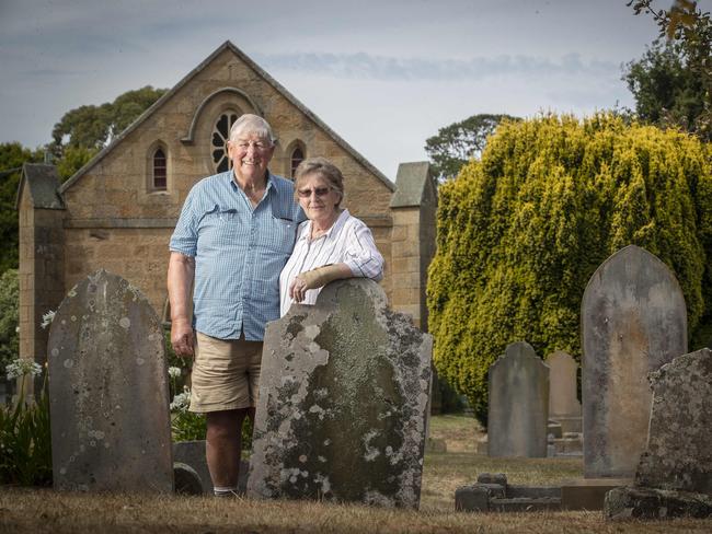 Denis and Kay Whitehouse are selling their home, a church which includes a cemetery at Bagdad. Picture: Chris Kidd