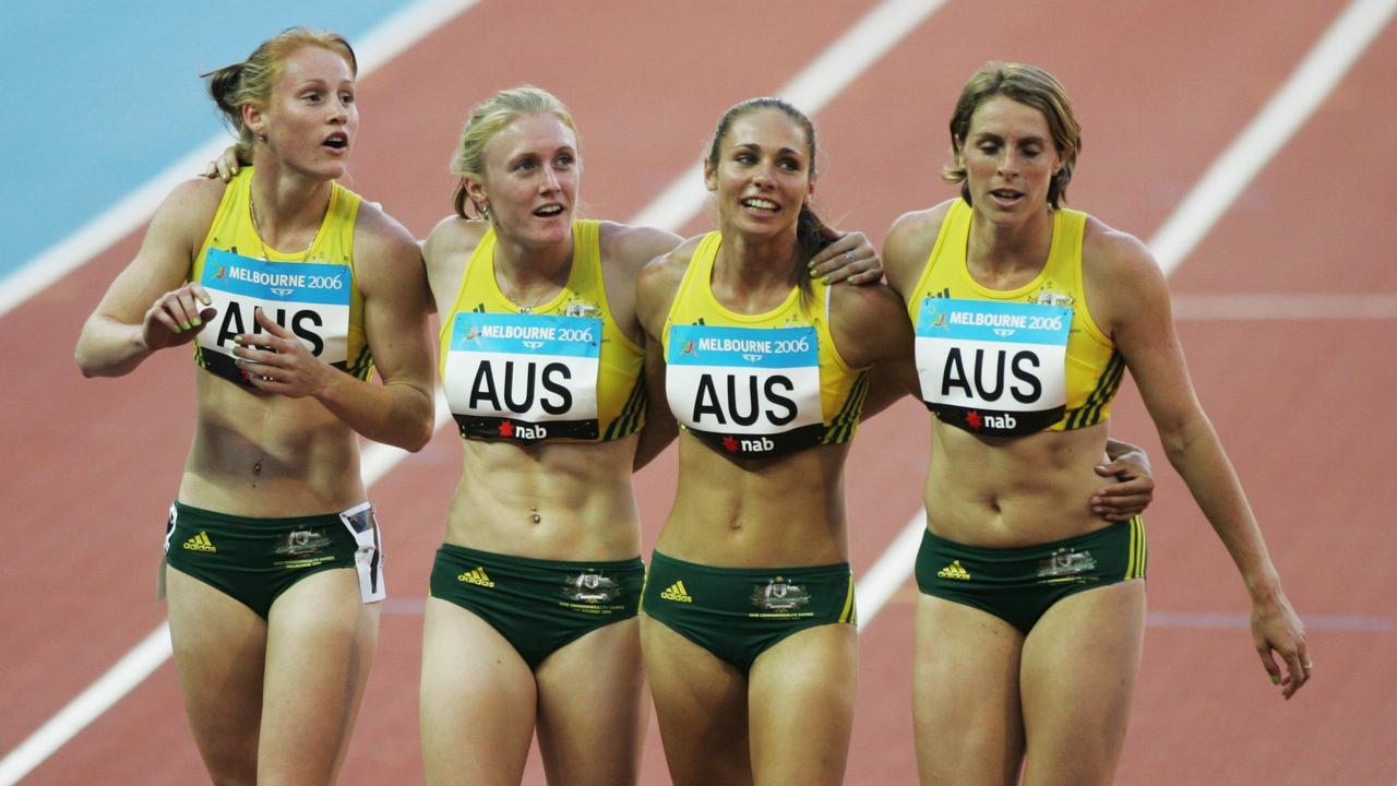 Australia's Crystal Attenborough, Sally McLellan (Sally Pearson), Melanie Kleeberg and Lauren Hewitt finished with the bronze in the 4x100m relay at the 2006 Commonwealth Games.