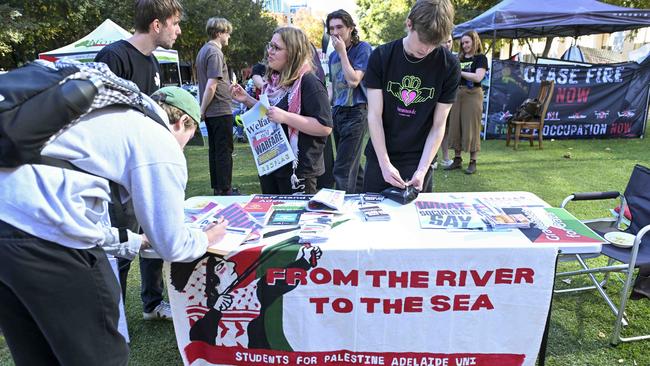 Signs at the Adelaide Uni Gaza Solidarity Encampment. Picture: Mark Brake