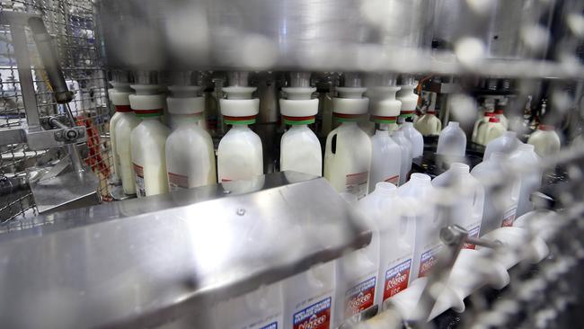 Milk is bottled at the Norco operation on Brisbane Rd in Coombabah. Picture: Richard Gosling.