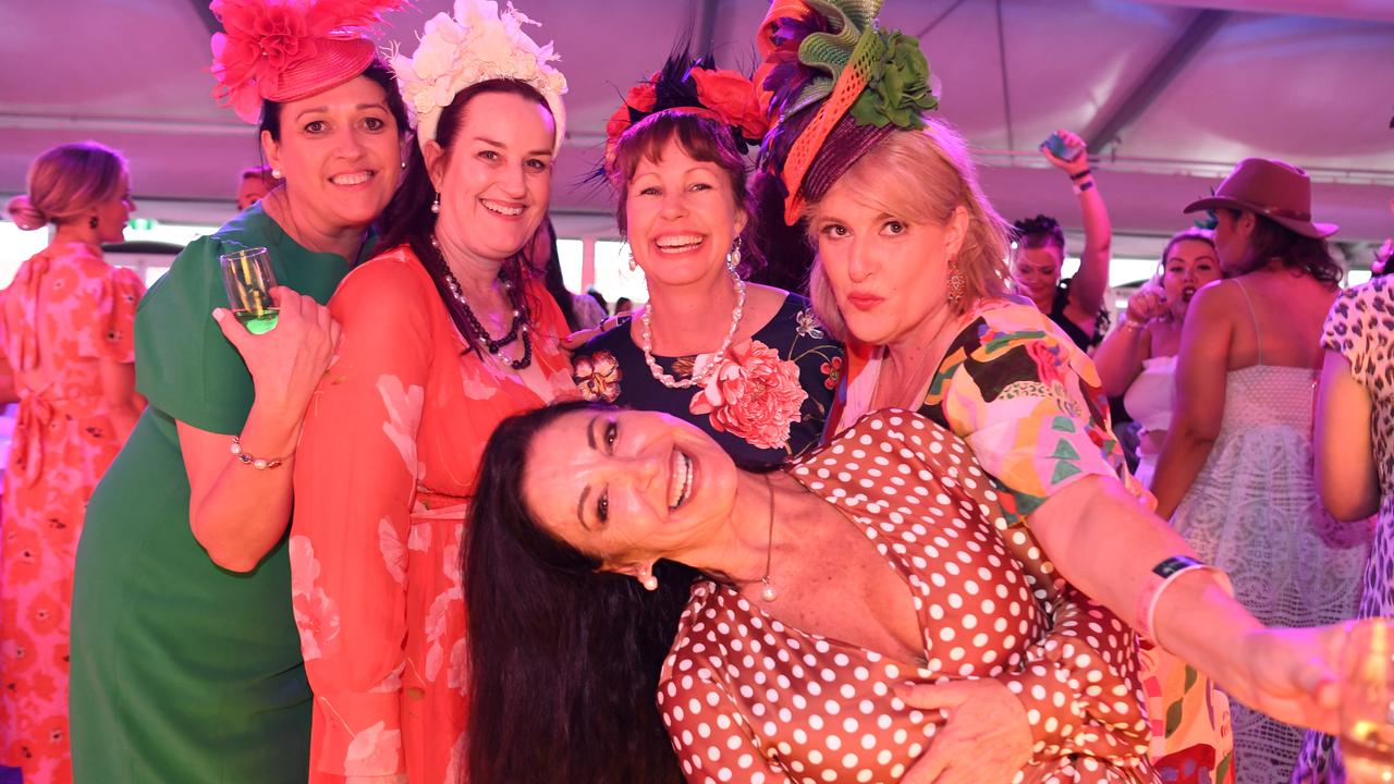 Suzette Lamshed, Penny Feilding, Katrina Cox, Sara Giner-Sarib and Nardine Jones on the dance floor at Darwin Ladies Day. Picture: (A)manda Parkinson