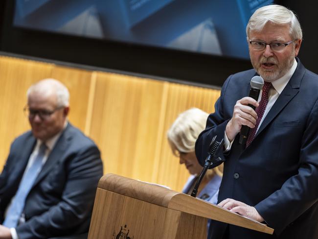 Australian Ambassador to the United States Kevin Rudd speak sat Scott Morrison’s book launch. Picture: Samuel Corum