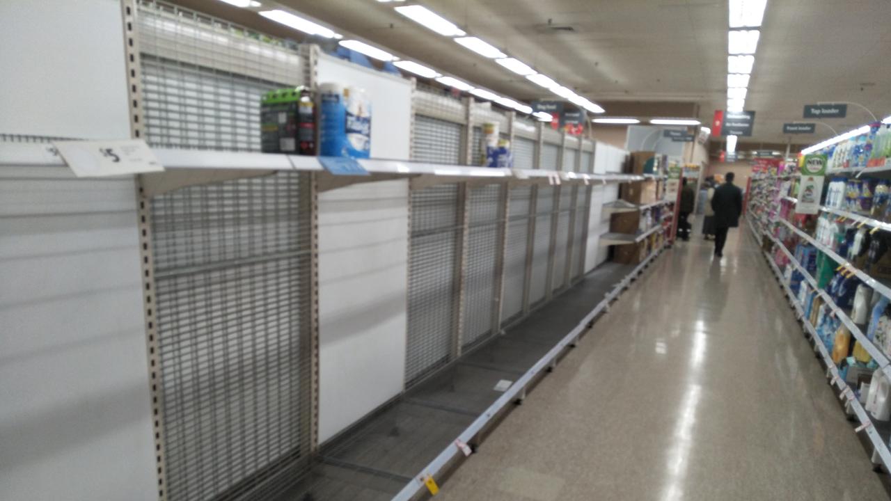 Empty toilet paper shelves in Glenroy Coles.