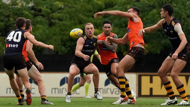 Tom Mitchell, left, and Chad Wingard during Hawthorn’s intra-club match. Picture: Sean Garnsworthy