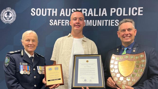 Deputy Commissioner of Police Linda Williams, the City of Adelaide Lions Club and South Australia Police (SAPOL) 2024 Citizen of the Year Sean Williams, and City of Adelaide Lions Club President Andrew Stacey. Picture: SA Police