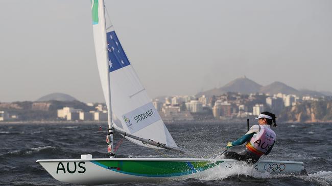 Australia's Ashley Stoddart on the water as a change comes through and postpones the Laser Radial Women Medal Race at the Rio 2016 Olympic Games. Picture. Brett Costello