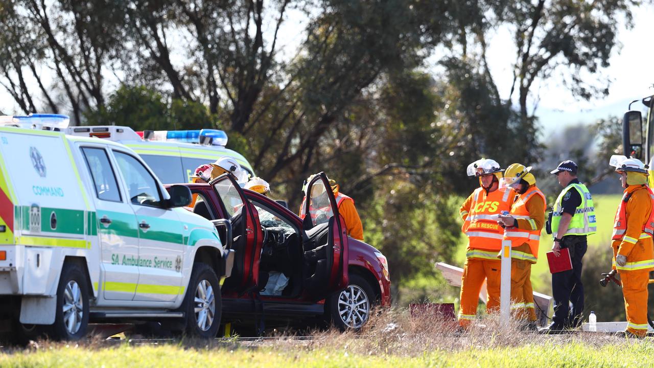 Emergency services at the scene of a crash on the Sturt Highway at She-Oak Log. Picture: Tait Schmaal.