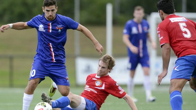 Brendan Cholakian in action for Manly United versus Bonnyrigg.